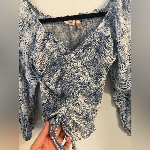 Blue Smocked Blouse with Puff Sleeves and Tie Front - Picture 3 of 5